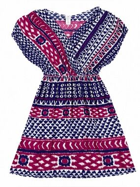 Necessary Objects Juniors Medium Boho V-Neck Printed Dress Pink Blue Casual